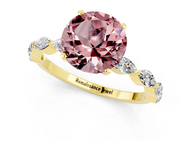 Yellow gold Round Cut Morganite Ring with Marquise Side Stones and Prong Setting