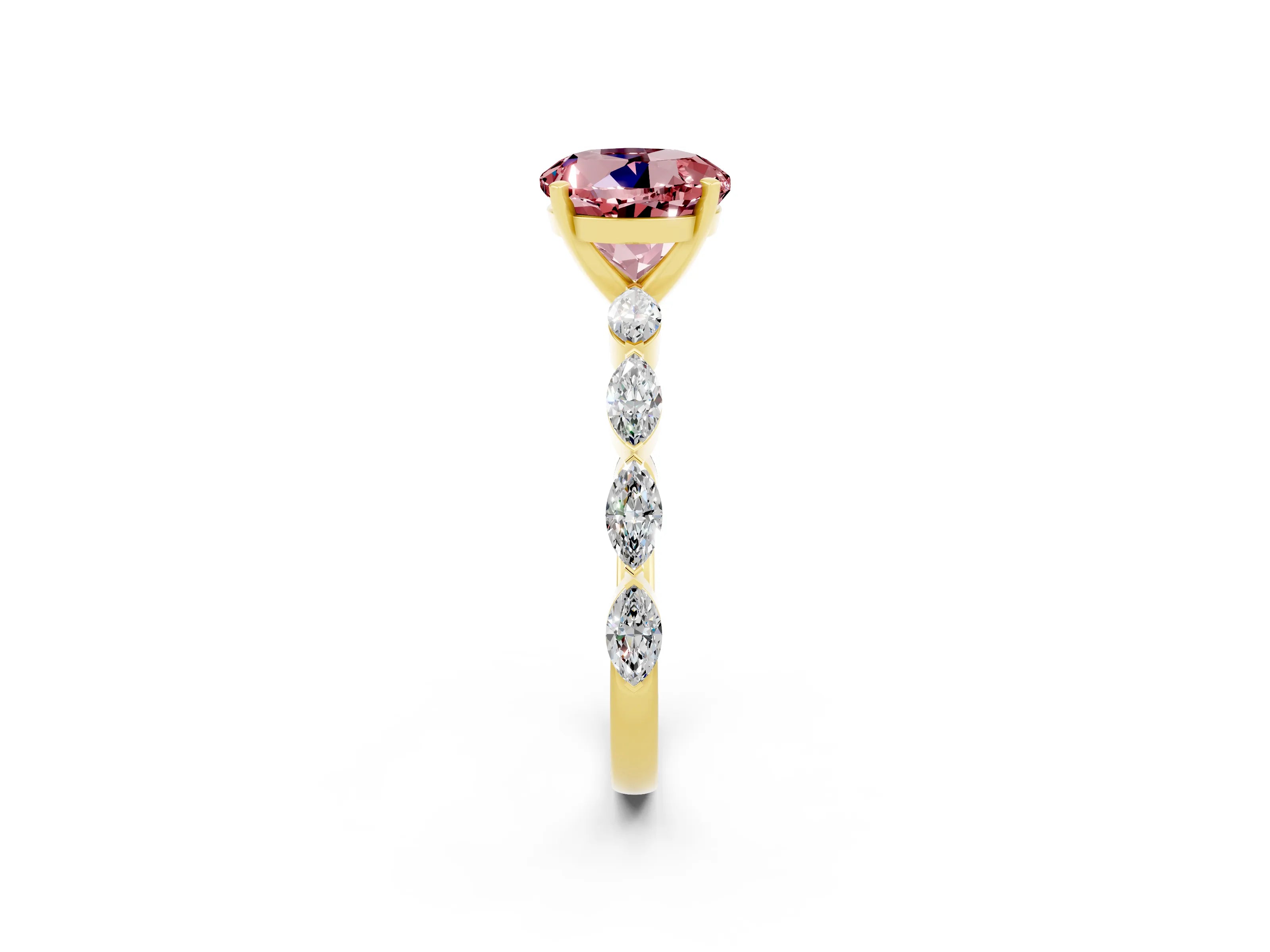 Yellow gold Round Cut Morganite Ring with Marquise Side Stones and Prong Setting_2