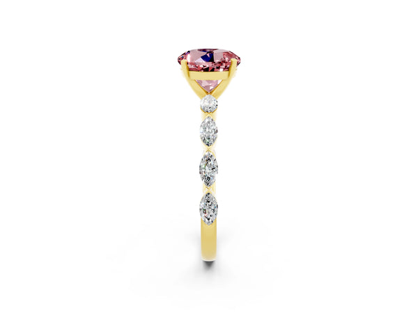 Yellow gold Round Cut Morganite Ring with Marquise Side Stones and Prong Setting