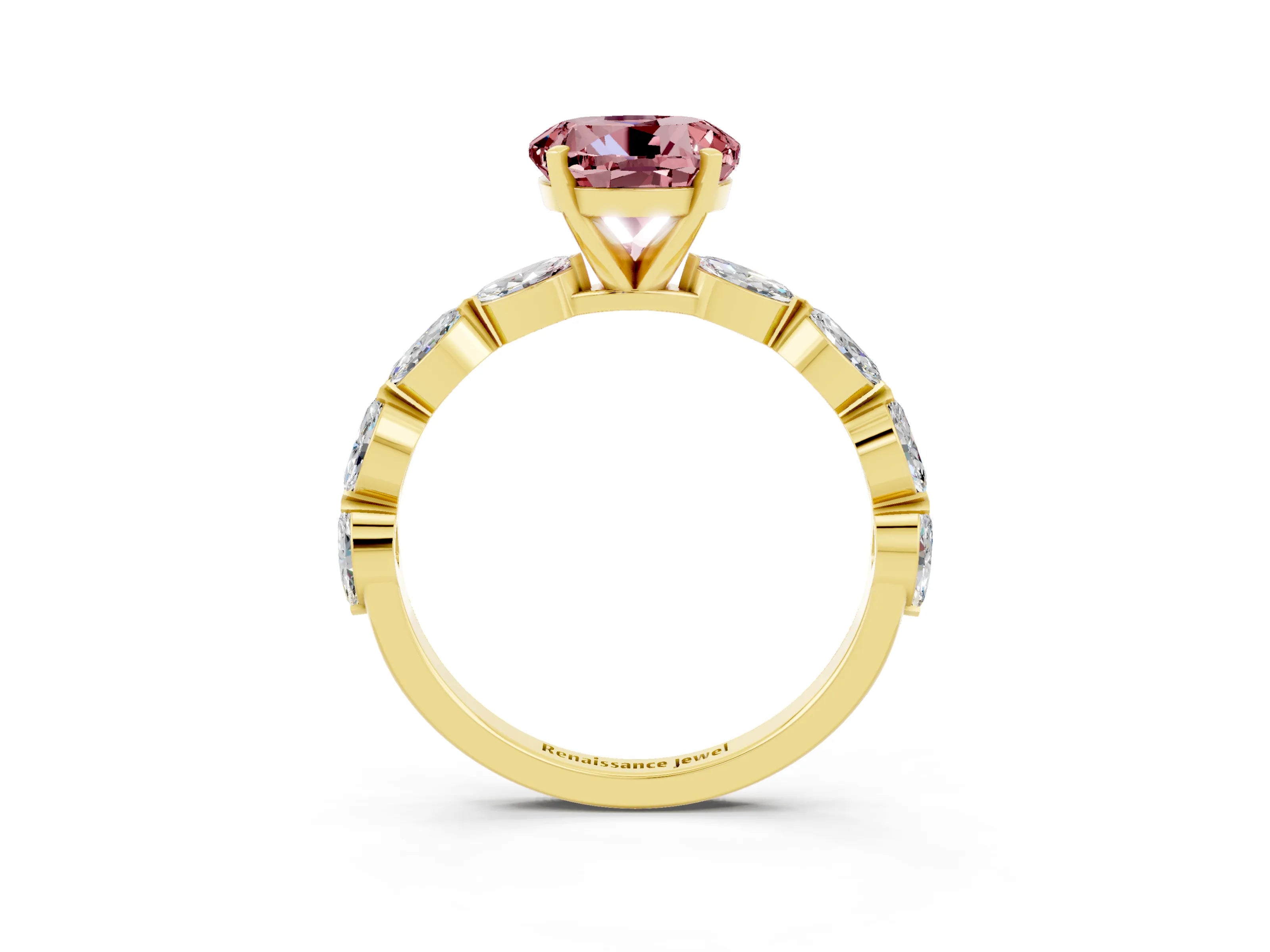 Yellow gold Round Cut Morganite Ring with Marquise Side Stones and Prong Setting_3