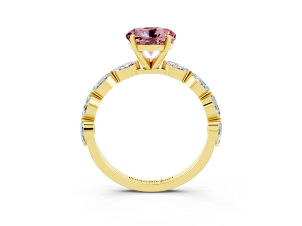 Yellow gold Round Cut Morganite Ring with Marquise Side Stones and Prong Setting