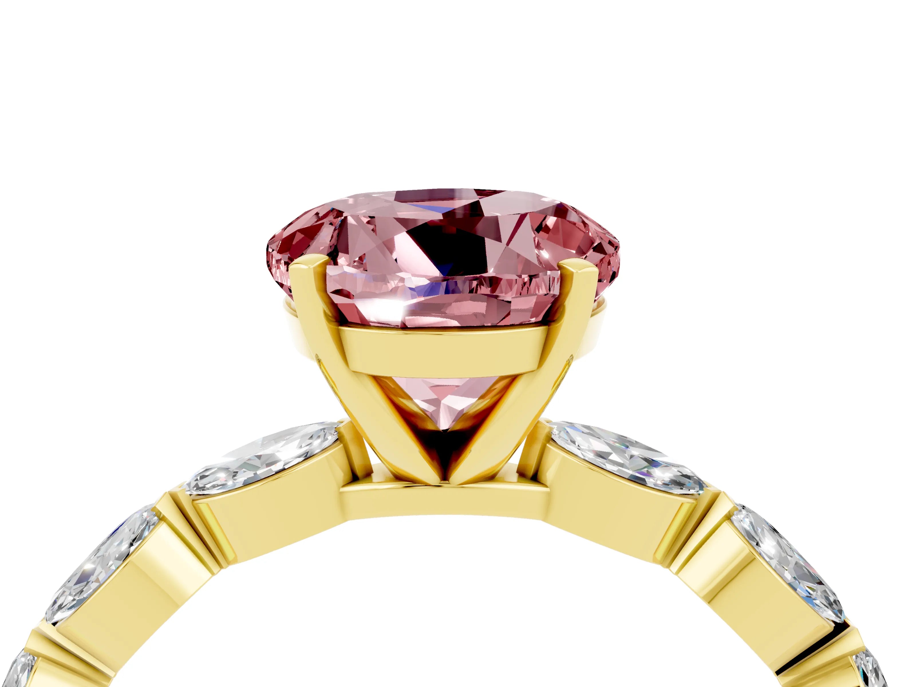 Yellow gold Round Cut Morganite Ring with Marquise Side Stones and Prong Setting_4