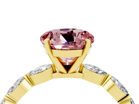 Yellow gold Round Cut Morganite Ring with Marquise Side Stones and Prong Setting_4