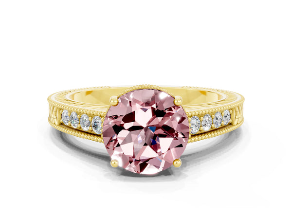 Yellow gold Round Cut Morganite Ring with Milgrain Pavé Band and Four-Prong Setting