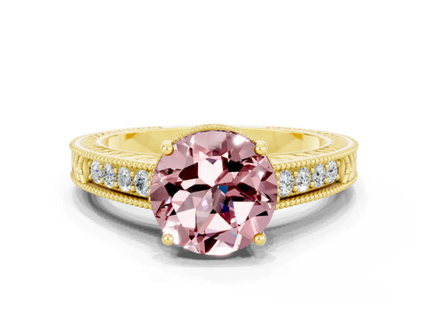 Yellow gold Round Cut Morganite Ring with Milgrain Pavé Band and Four-Prong Setting_12