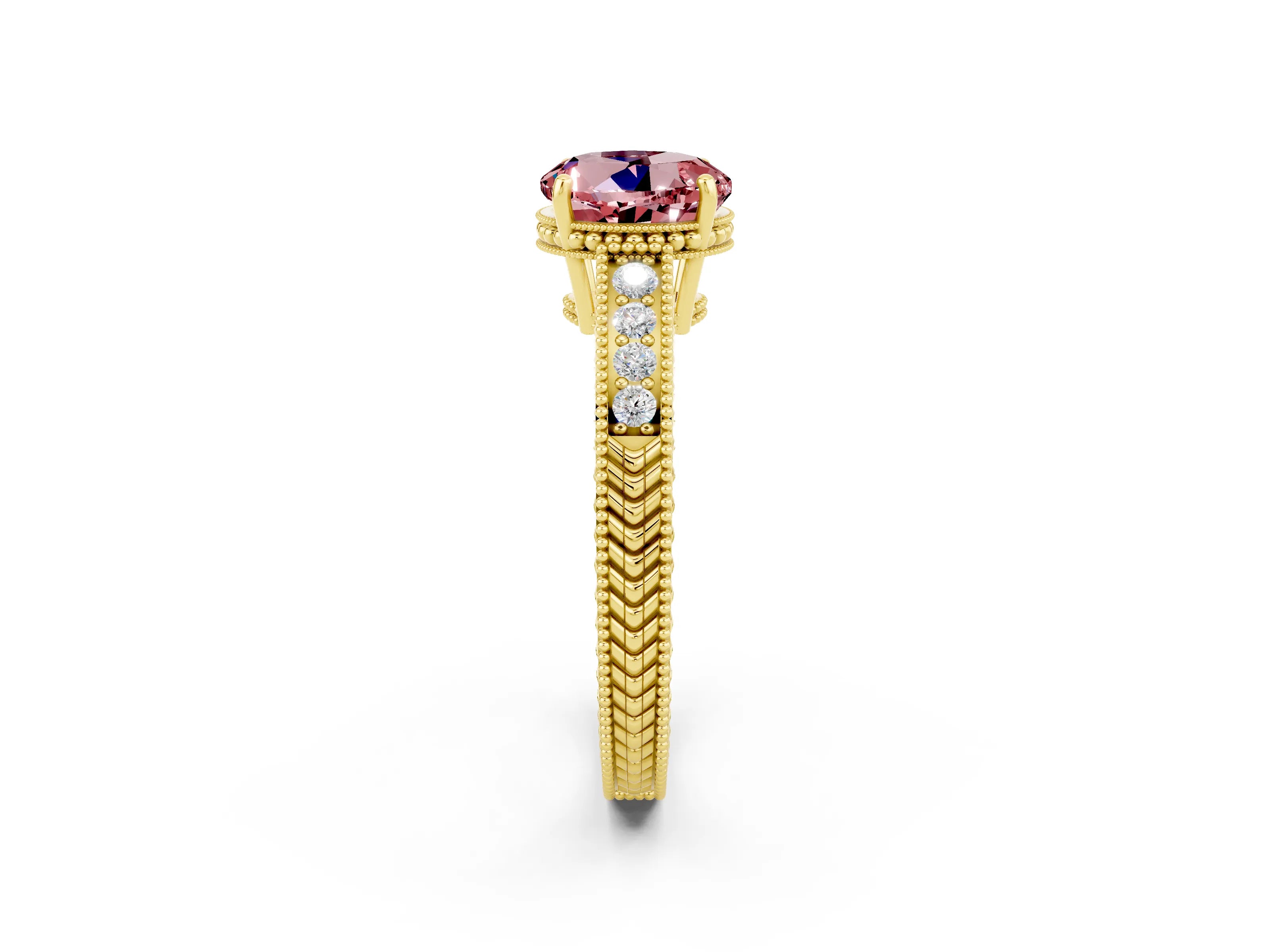 Yellow gold Round Cut Morganite Ring with Milgrain Pavé Band and Four-Prong Setting_14