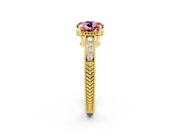 Yellow gold Round Cut Morganite Ring with Milgrain Pavé Band and Four-Prong Setting