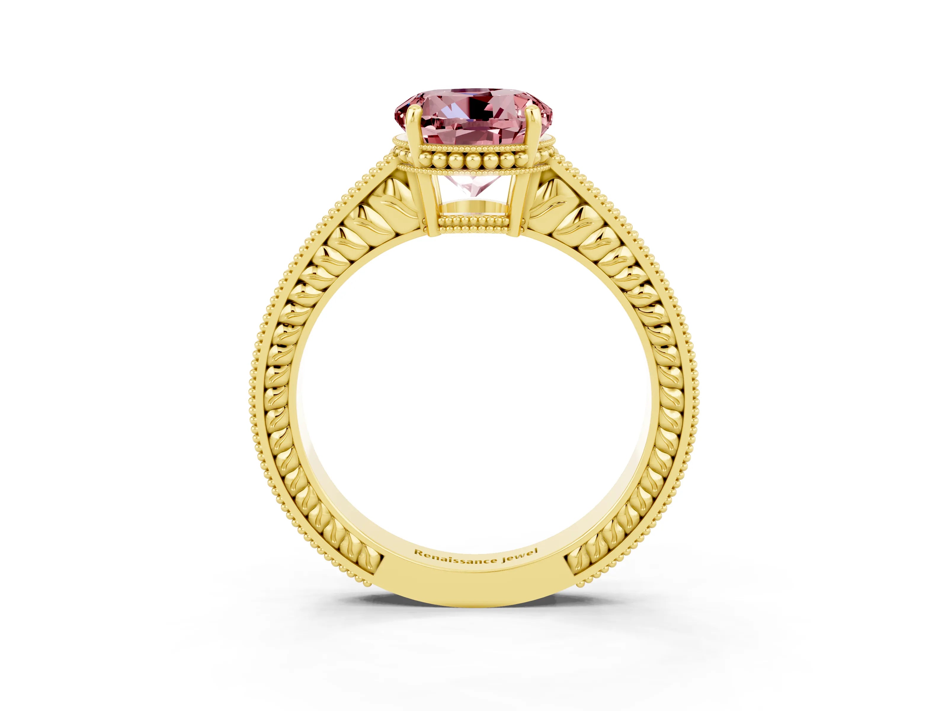 Yellow gold Round Cut Morganite Ring with Milgrain Pavé Band and Four-Prong Setting_15