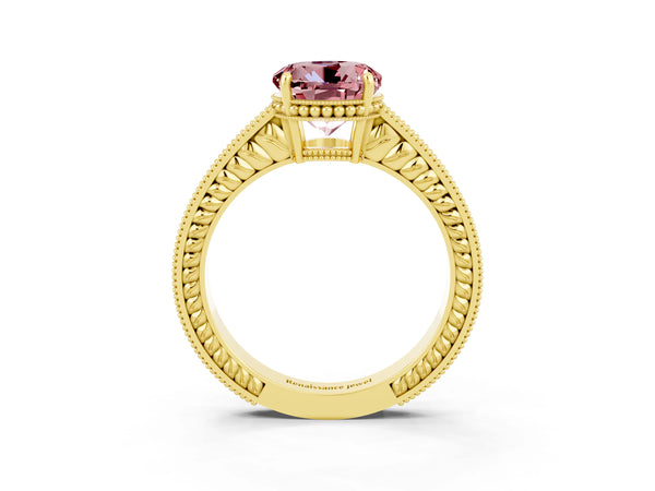 Yellow gold Round Cut Morganite Ring with Milgrain Pavé Band and Four-Prong Setting