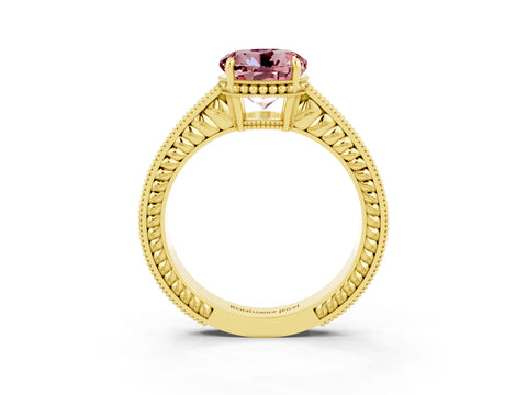 Yellow gold Round Cut Morganite Ring with Milgrain Pavé Band and Four-Prong Setting_15