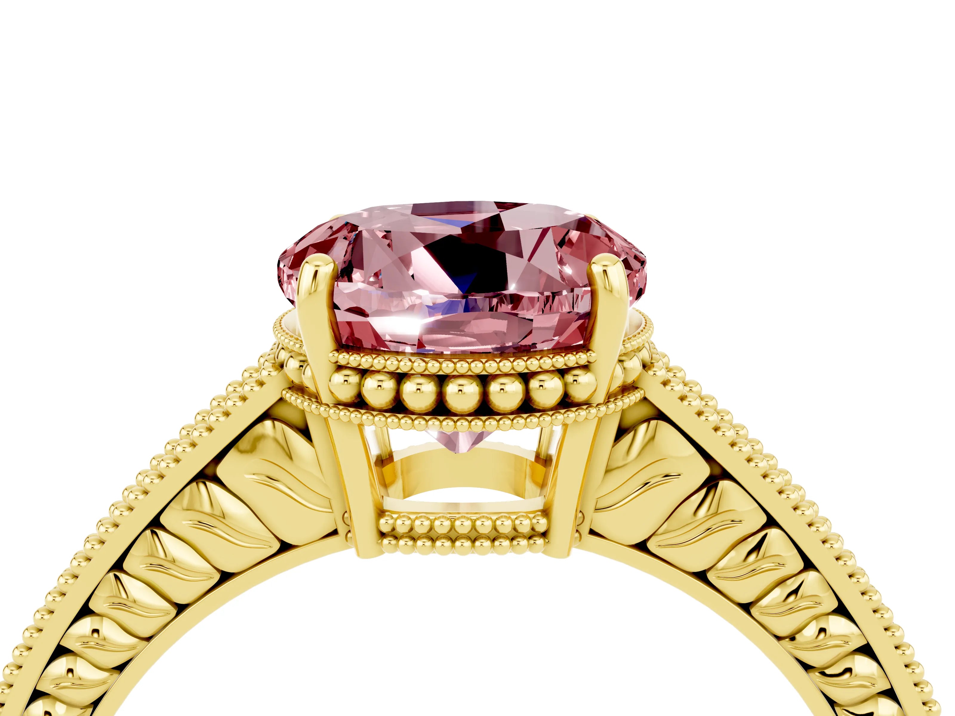 Yellow gold Round Cut Morganite Ring with Milgrain Pavé Band and Four-Prong Setting_16