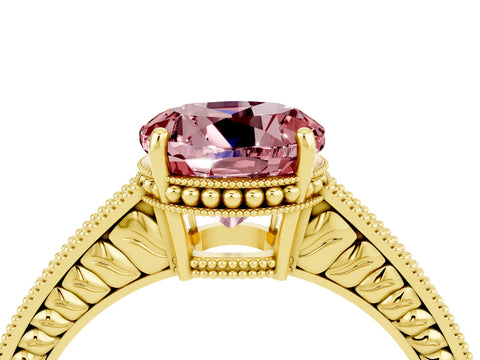 Yellow gold Round Cut Morganite Ring with Milgrain Pavé Band and Four-Prong Setting_16