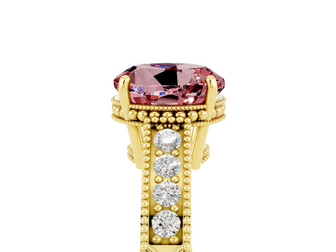 Yellow gold Round Cut Morganite Ring with Milgrain Pavé Band and Four-Prong Setting_17