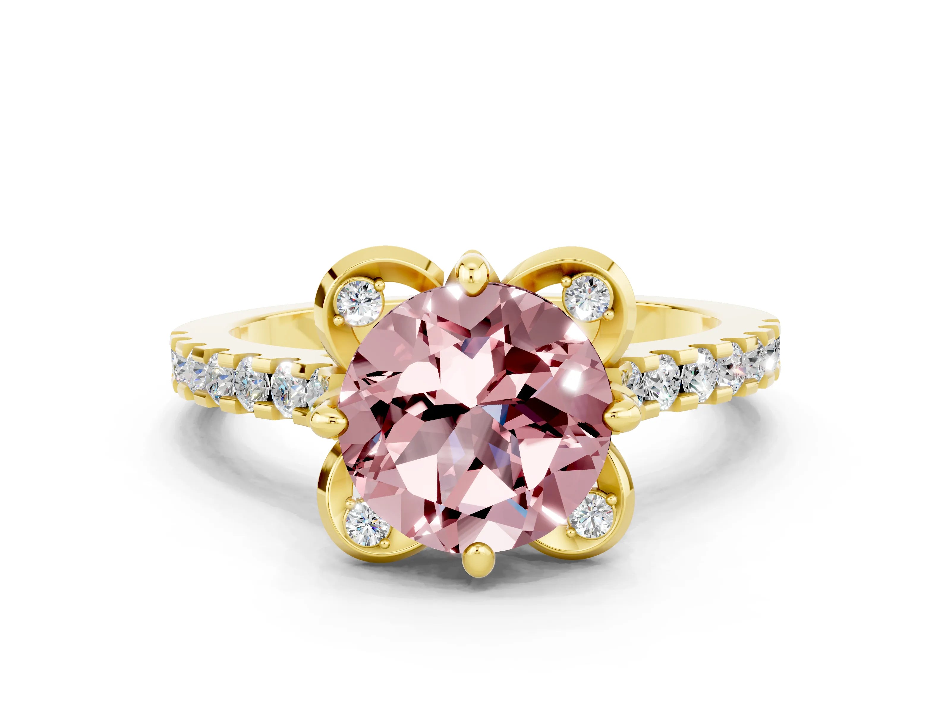 Yellow gold Round Cut Morganite Ring with Pavé Band and Floral Prong Setting