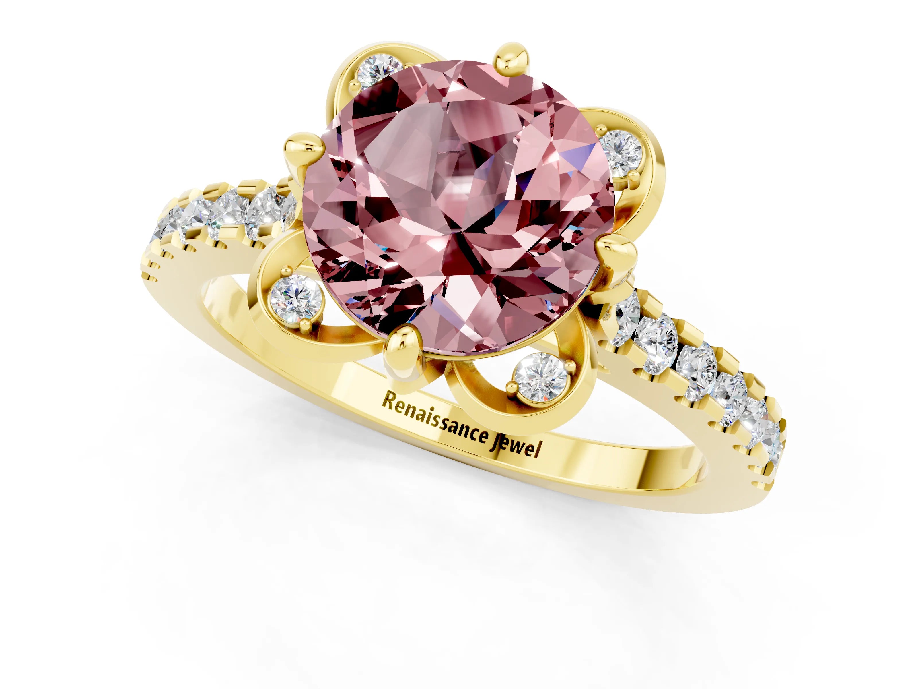 Yellow gold Round Cut Morganite Ring with Pavé Band and Floral Prong Setting_1