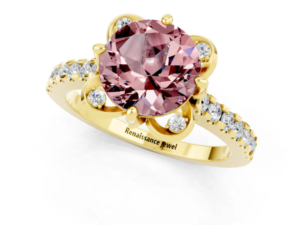 Yellow gold Round Cut Morganite Ring with Pavé Band and Floral Prong Setting