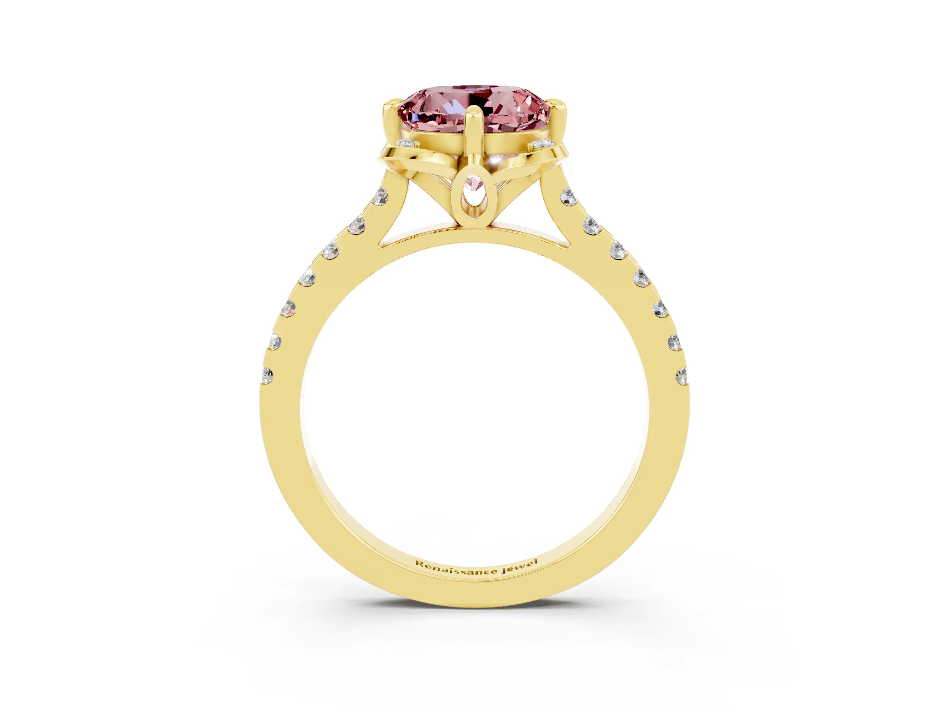 Yellow gold Round Cut Morganite Ring with Pavé Band and Floral Prong Setting_3