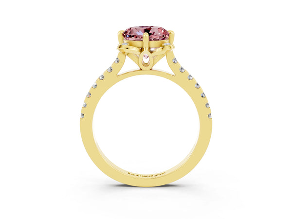 Yellow gold Round Cut Morganite Ring with Pavé Band and Floral Prong Setting