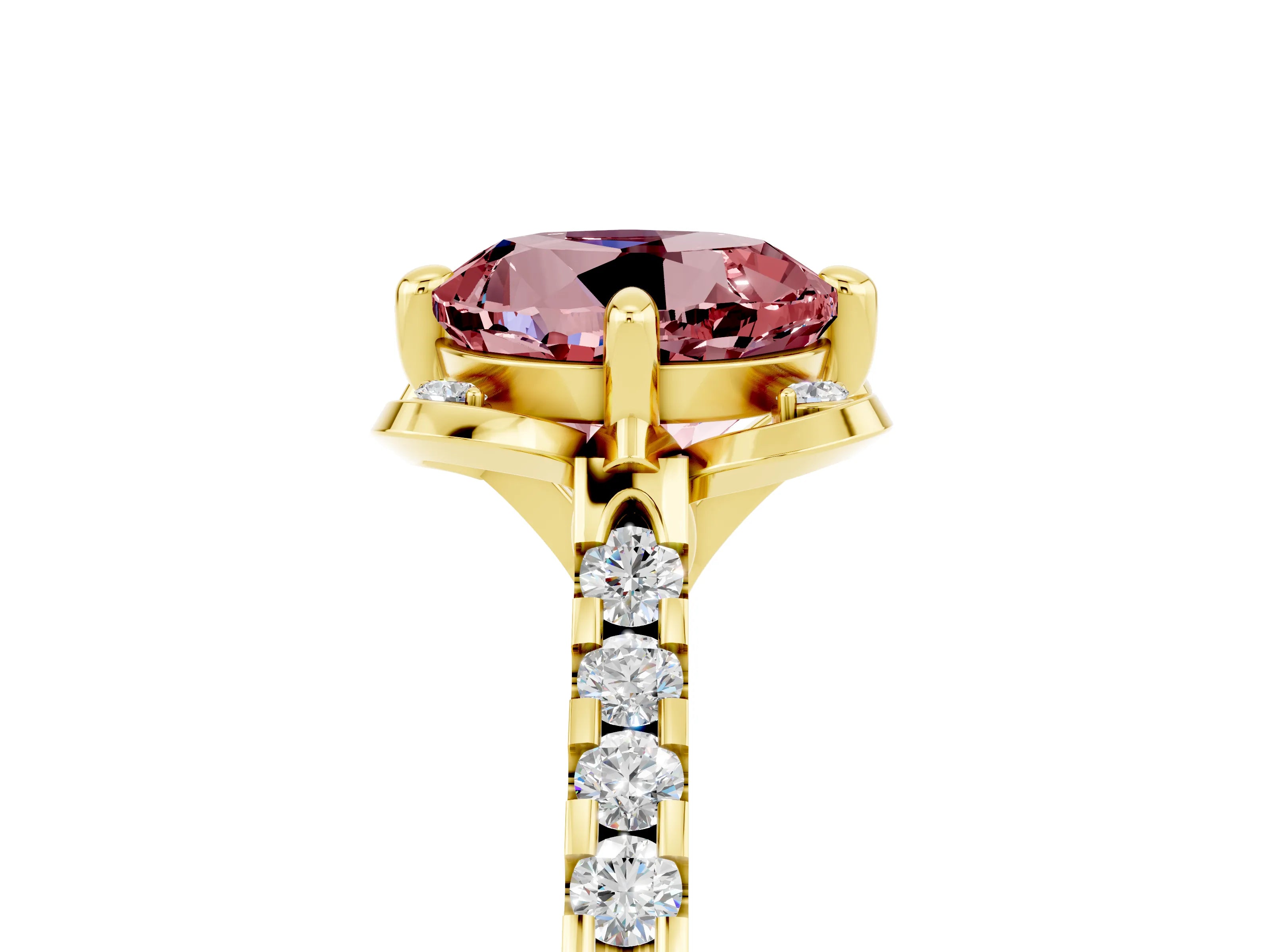 Yellow gold Round Cut Morganite Ring with Pavé Band and Floral Prong Setting_5
