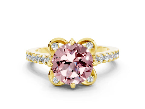 Yellow gold Round Cut Morganite Ring with Pavé Band and Floral Prong Setting