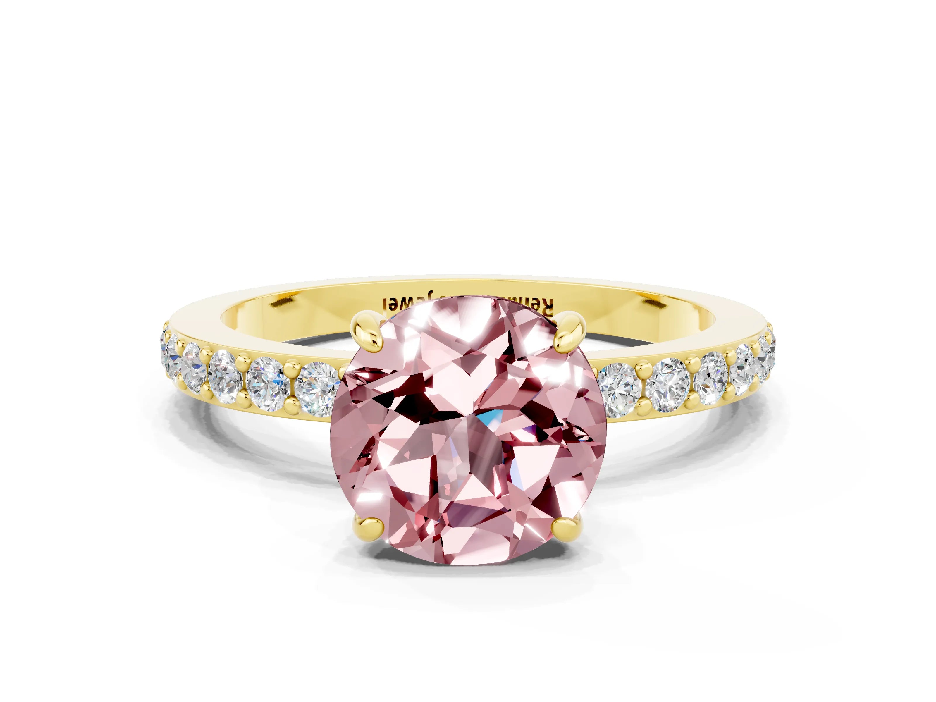 Yellow gold Round Cut Morganite Ring with Pavé Band and Four-Prong Setting