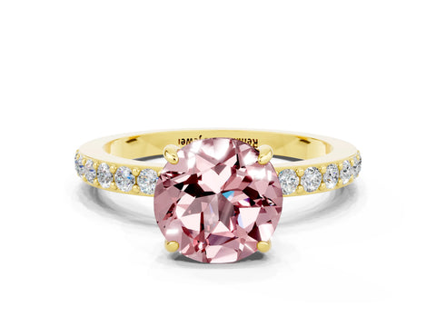 Yellow gold Round Cut Morganite Ring with Pavé Band and Four-Prong Setting