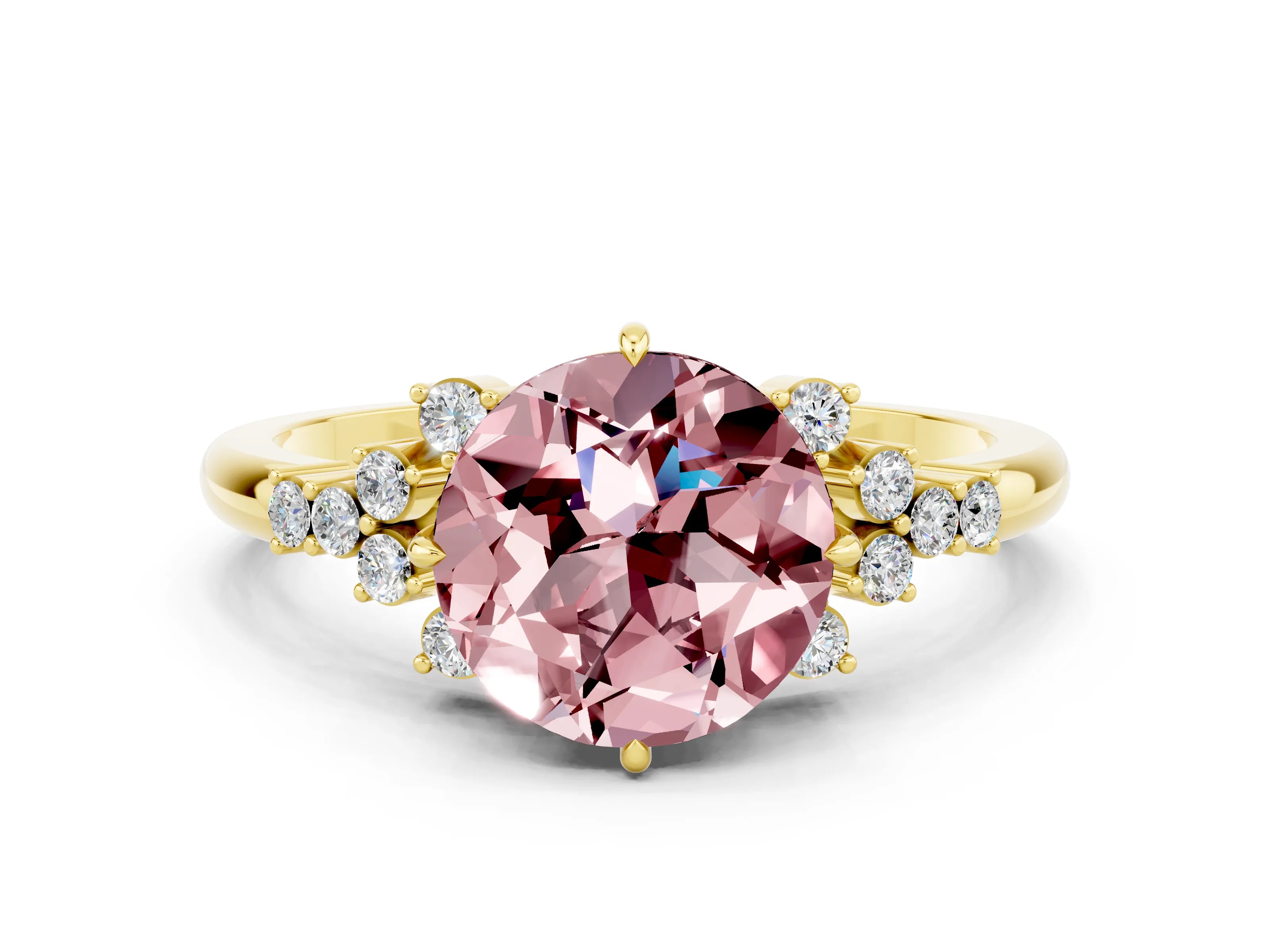 Yellow gold Round Cut Morganite Ring with Side Stones and Four-Prong Setting_36
