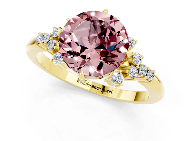 Yellow gold Round Cut Morganite Ring with Side Stones and Four-Prong Setting