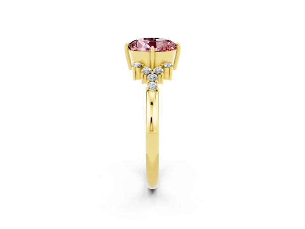 Yellow gold Round Cut Morganite Ring with Side Stones and Four-Prong Setting