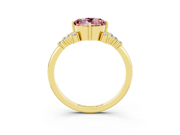 Yellow gold Round Cut Morganite Ring with Side Stones and Four-Prong Setting