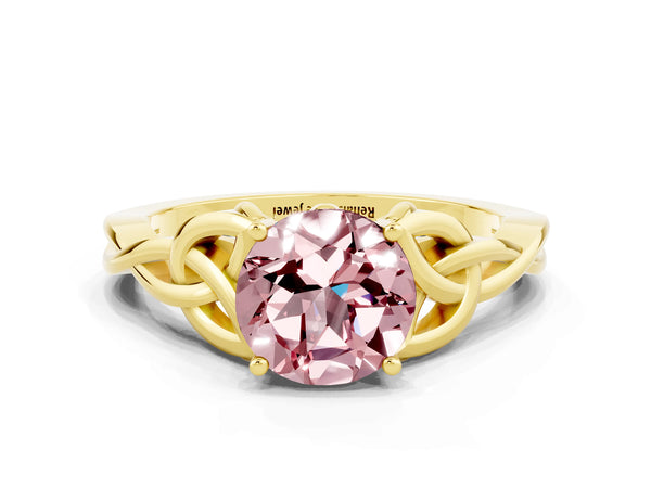 Yellow gold Round Cut Morganite Solitaire Celtic Knot Ring with Four-Prong Setting