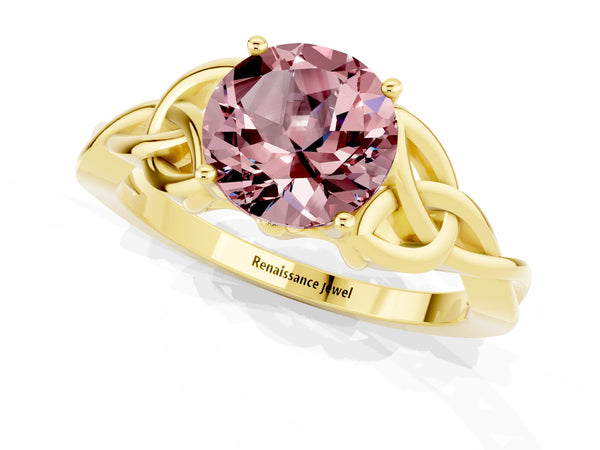 Yellow gold Round Cut Morganite Solitaire Celtic Knot Ring with Four-Prong Setting