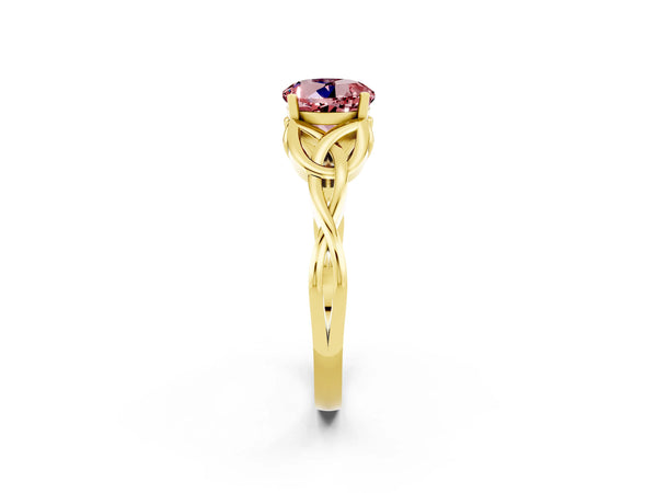 Yellow gold Round Cut Morganite Solitaire Celtic Knot Ring with Four-Prong Setting