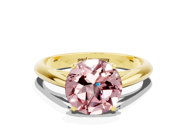Yellow gold Round Cut Morganite Solitaire Engagement Ring with Cathedral Setting and Four-Prong Mount