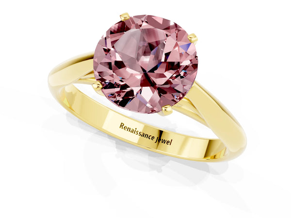 Yellow gold Round Cut Morganite Solitaire Engagement Ring with Cathedral Setting and Four-Prong Mount