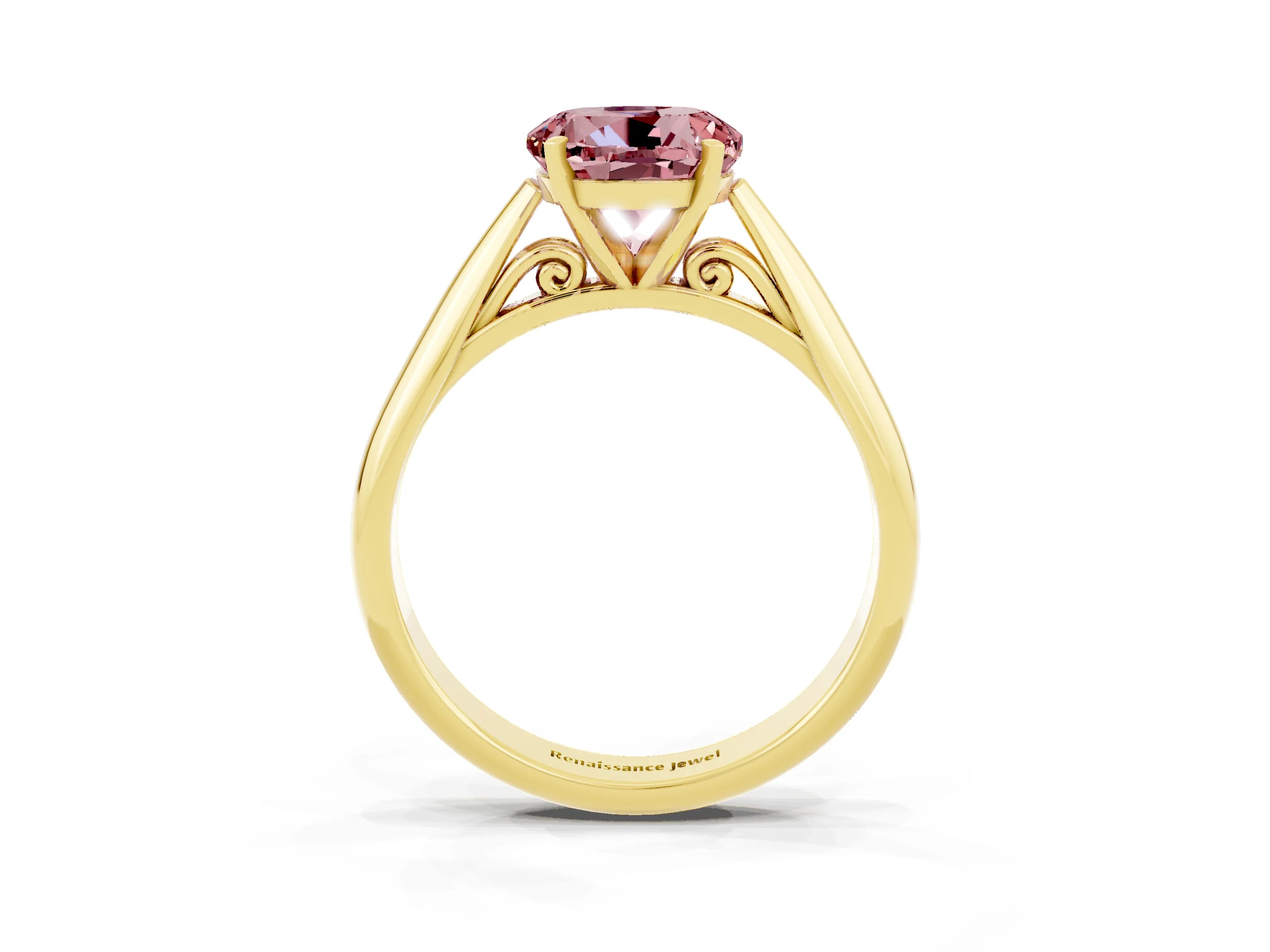 Yellow gold Round Cut Morganite Solitaire Engagement Ring with Cathedral Setting and Four-Prong Mount_15