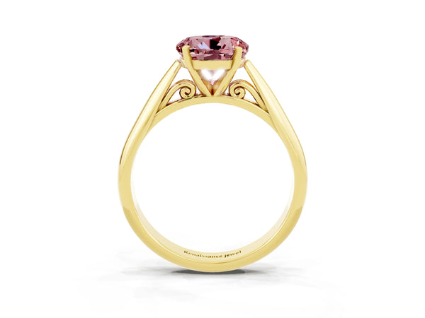 Yellow gold Round Cut Morganite Solitaire Engagement Ring with Cathedral Setting and Four-Prong Mount