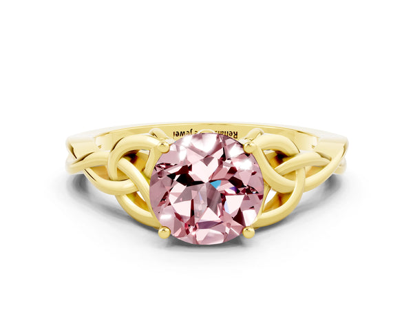 Yellow gold Round Cut Morganite Solitaire Engagement Ring with Celtic Knot Band and Four-Prong Setting