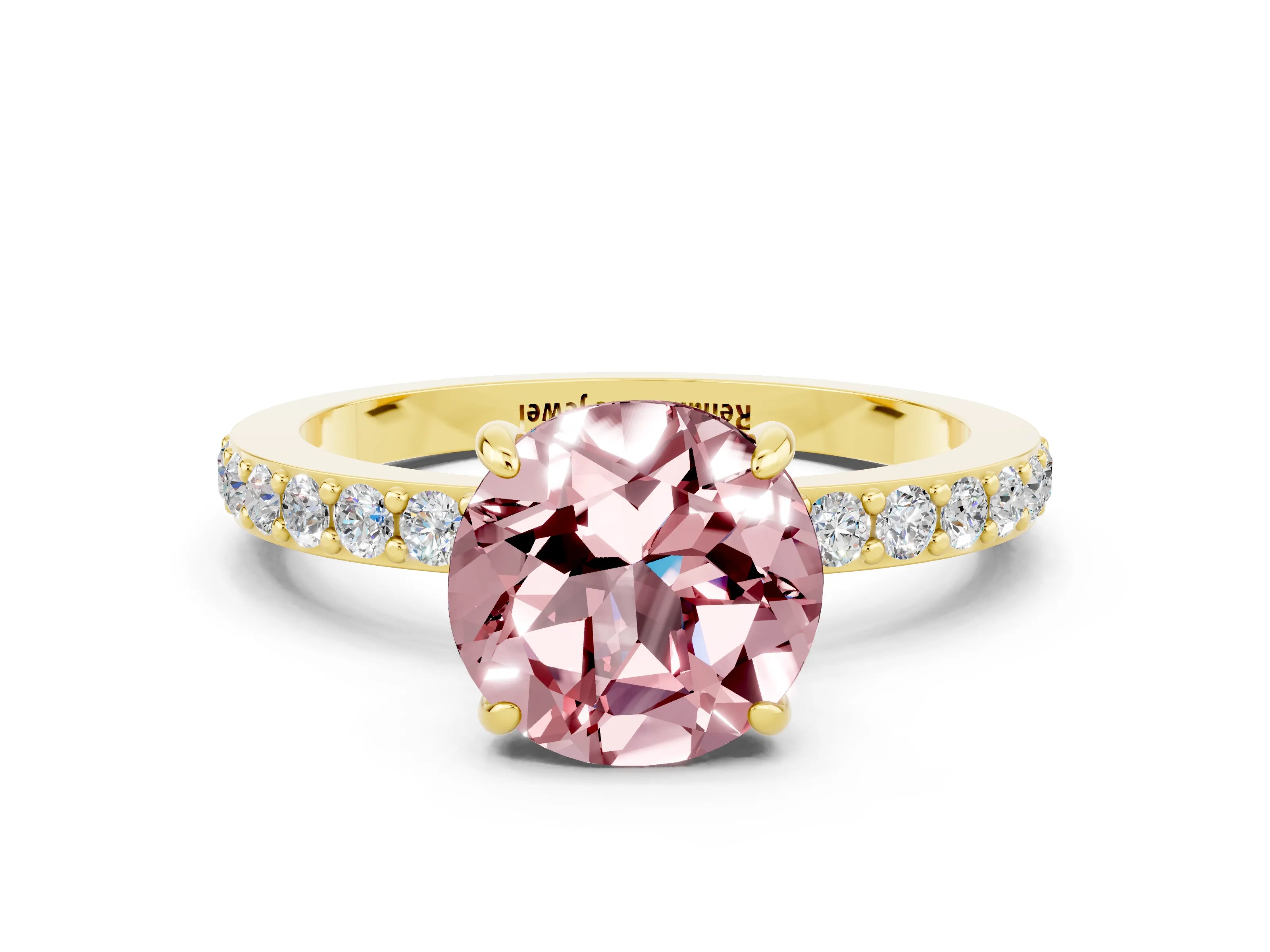 Yellow gold Round Cut Morganite Solitaire Engagement Ring with Pavé Band and Four-Prong Setting