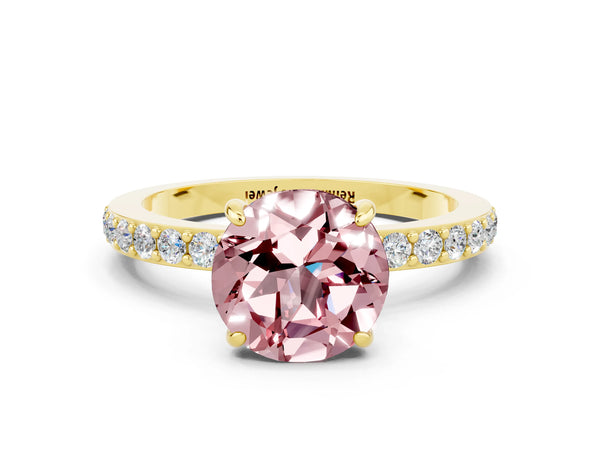 Yellow gold Round Cut Morganite Solitaire Engagement Ring with Pavé Band and Four-Prong Setting