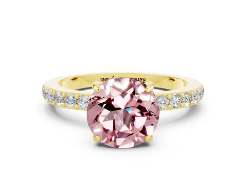 Yellow gold Round Cut Morganite Solitaire Engagement Ring with Pavé Band and Four-Prong Setting