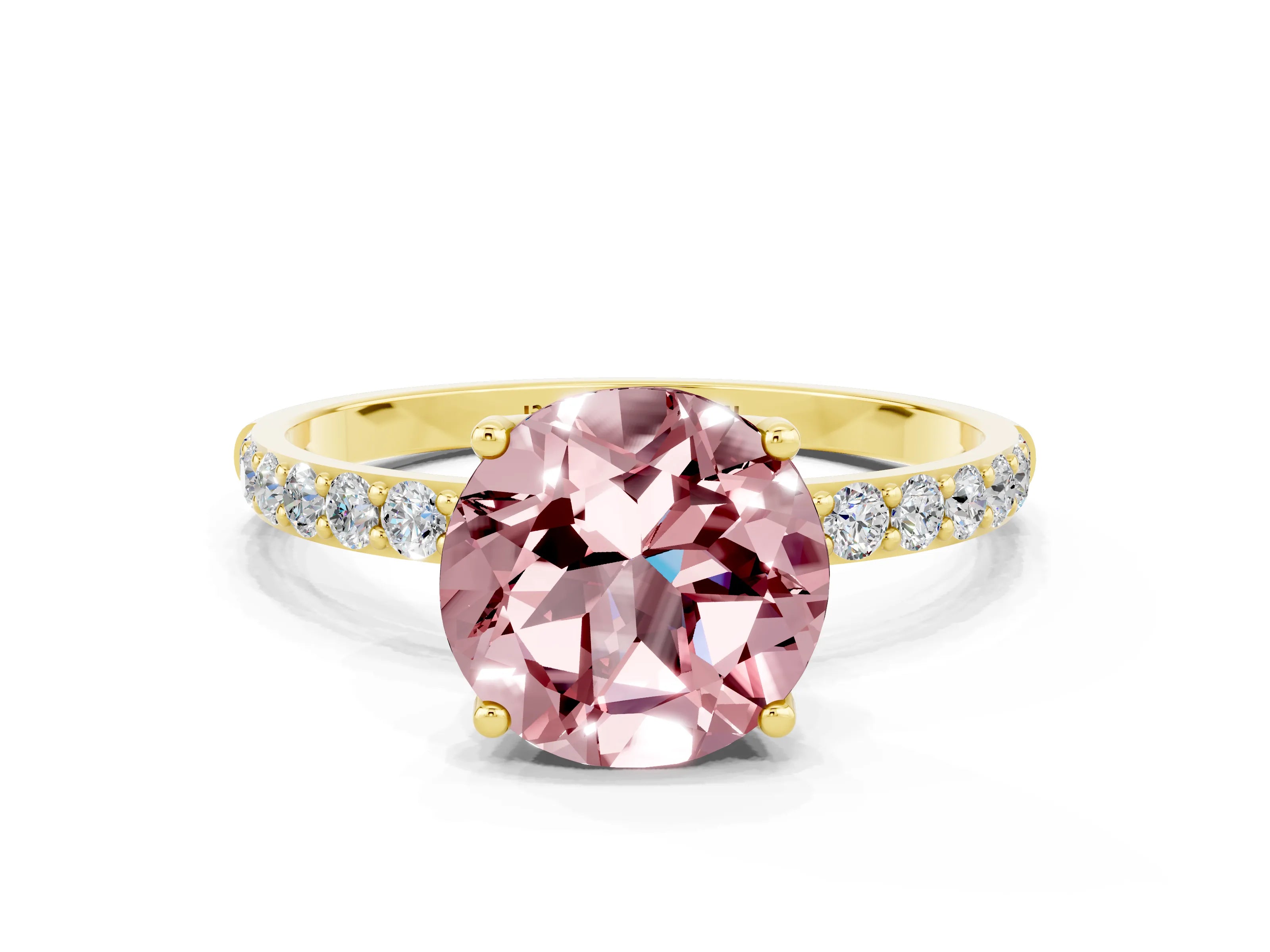 Yellow gold Round Cut Morganite Solitaire Engagement Ring with Pavé Band and Prong Setting