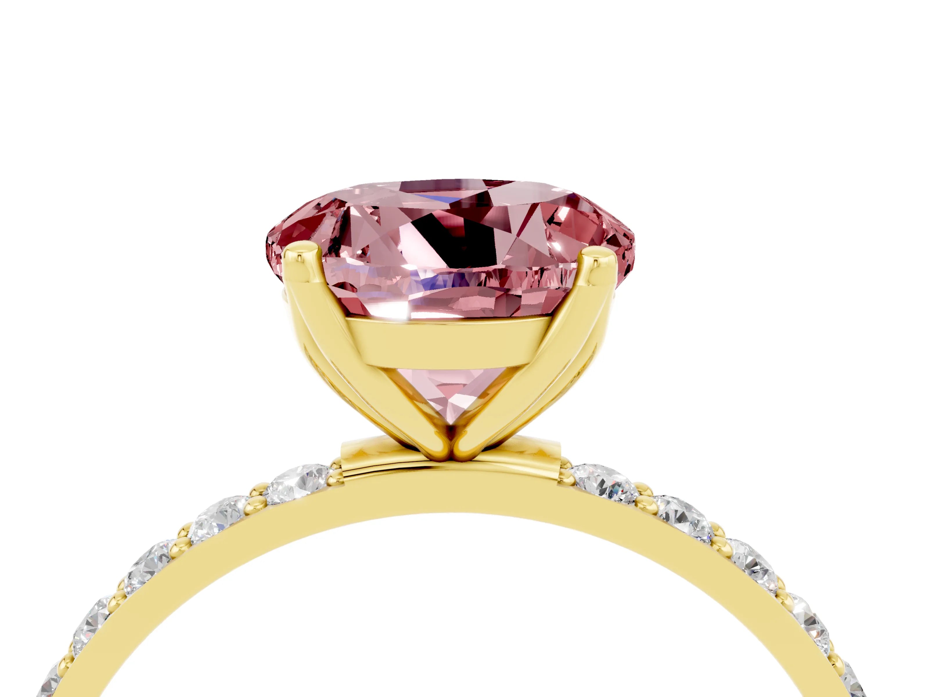 Yellow gold Round Cut Morganite Solitaire Engagement Ring with Pavé Band and Prong Setting_4