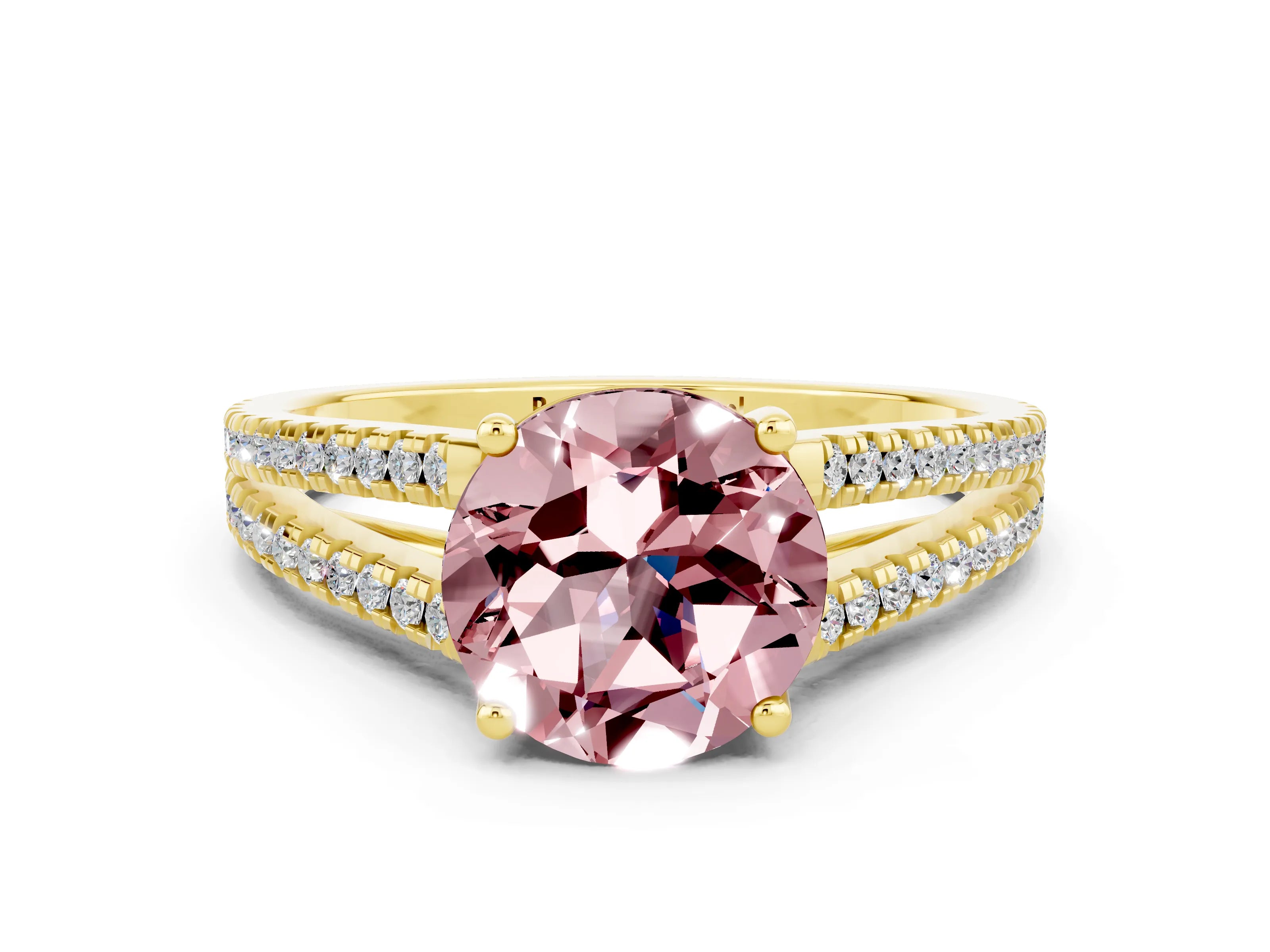 Yellow gold Round Cut Morganite Solitaire Engagement Ring with Split Shank Pavé Band
