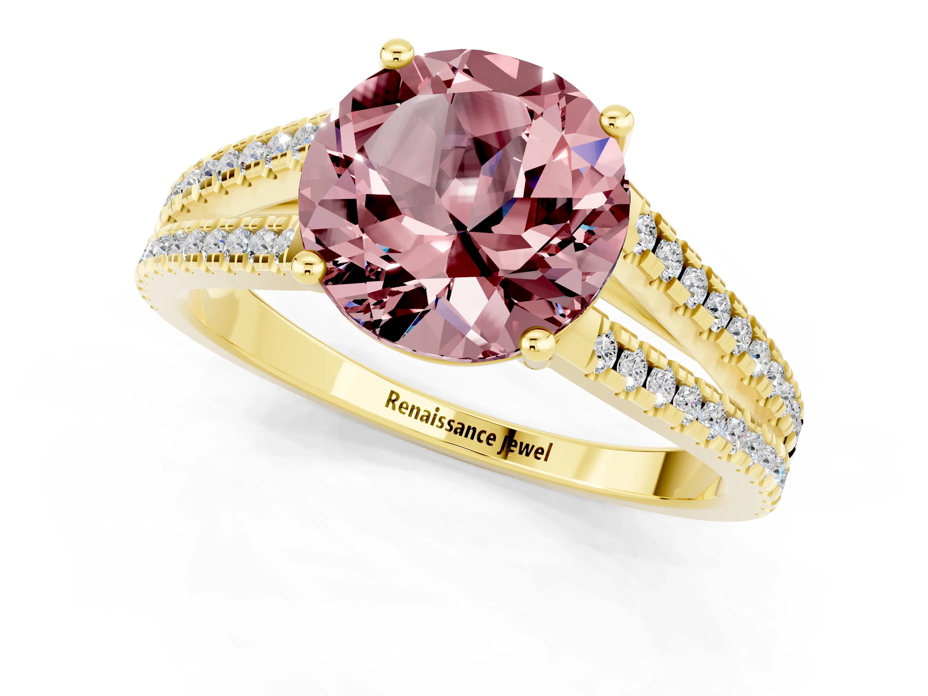Yellow gold Round Cut Morganite Solitaire Engagement Ring with Split Shank Pavé Band_1