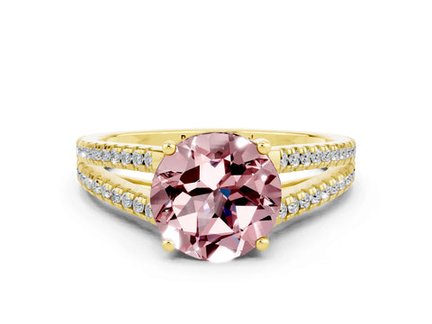 Yellow gold Round Cut Morganite Solitaire Engagement Ring with Split Shank Pavé Band