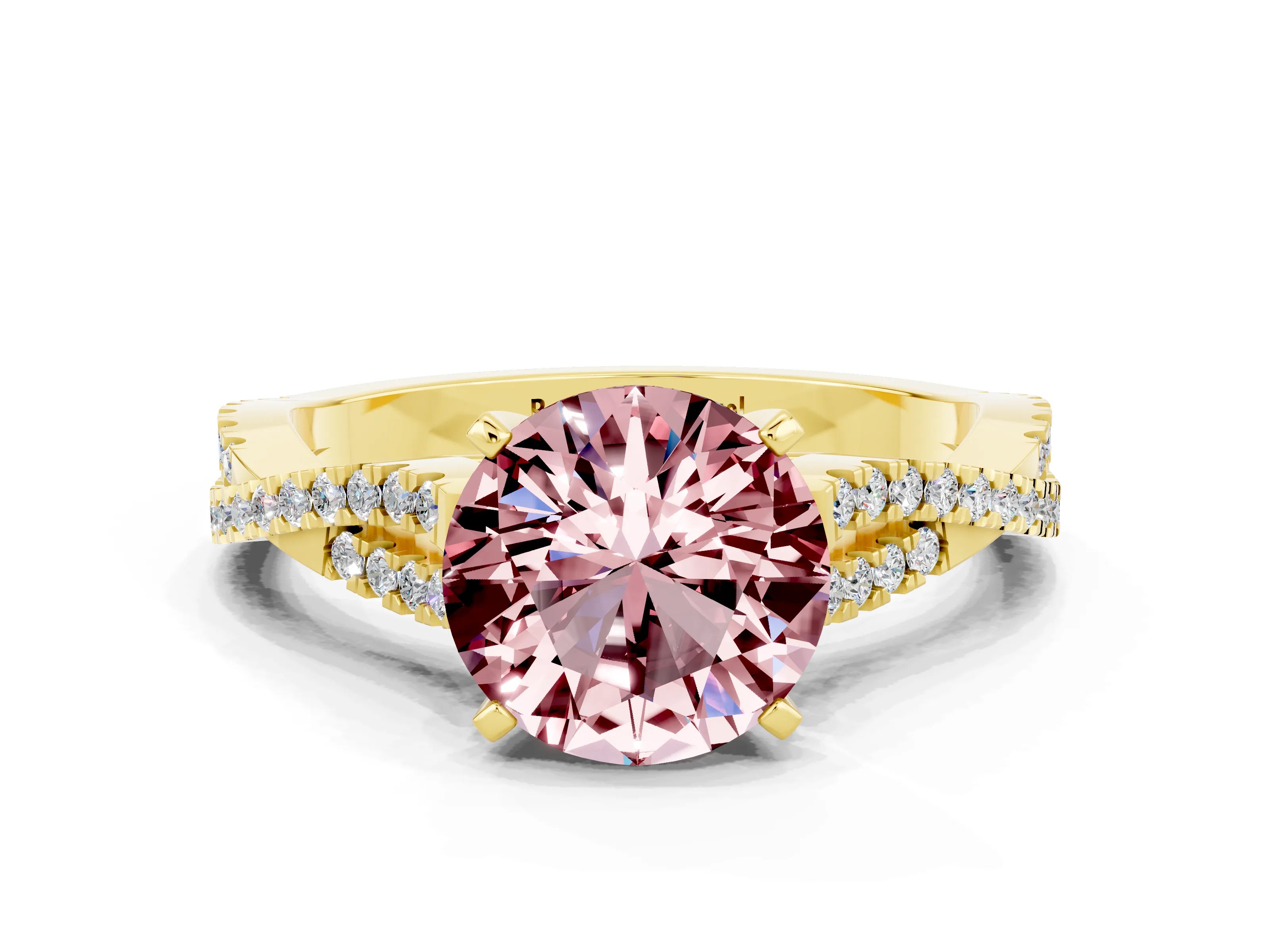 Yellow gold Round Cut Morganite Solitaire Engagement Ring with Twisted Pavé Band and Four-Prong Setting_12