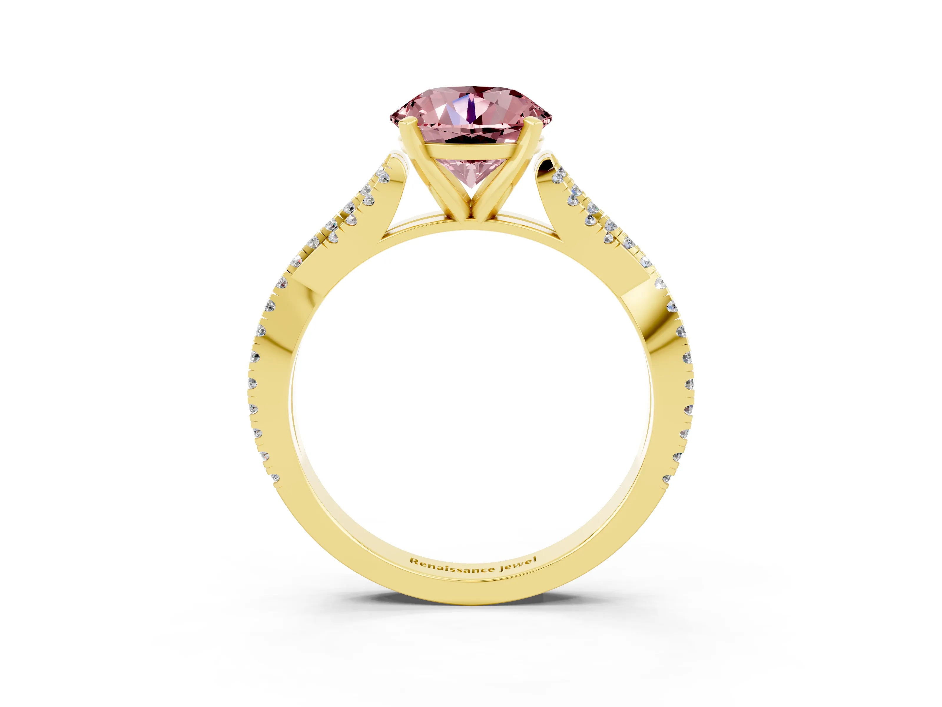 Yellow gold Round Cut Morganite Solitaire Engagement Ring with Twisted Pavé Band and Four-Prong Setting_15