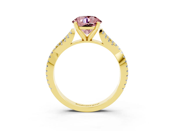 Yellow gold Round Cut Morganite Solitaire Engagement Ring with Twisted Pavé Band and Four-Prong Setting