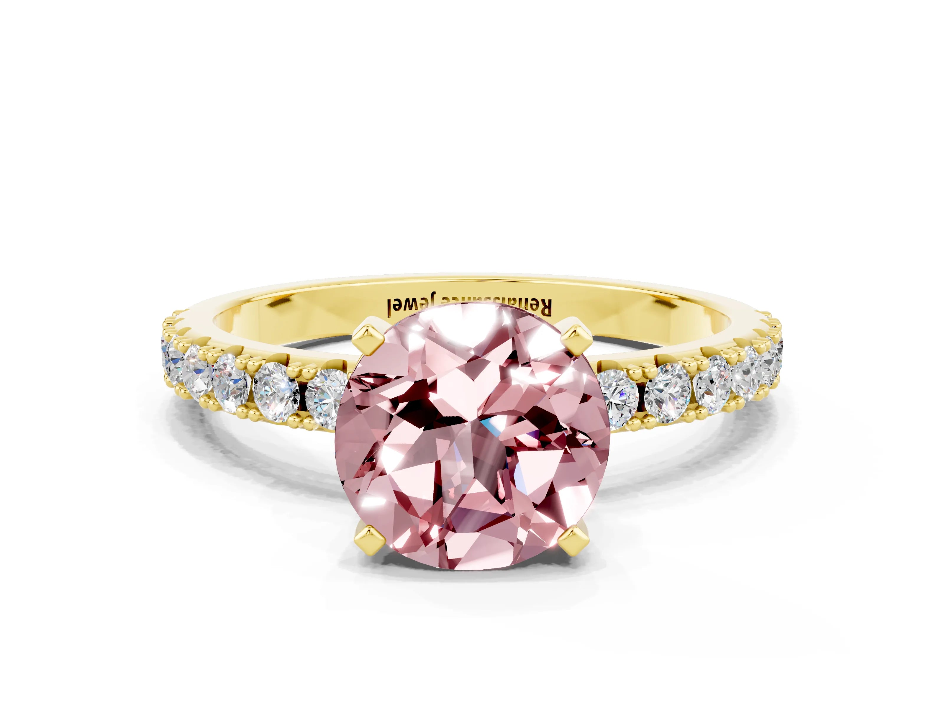 Yellow gold Round Cut Morganite Solitaire Pavé Band with Four-Prong Setting